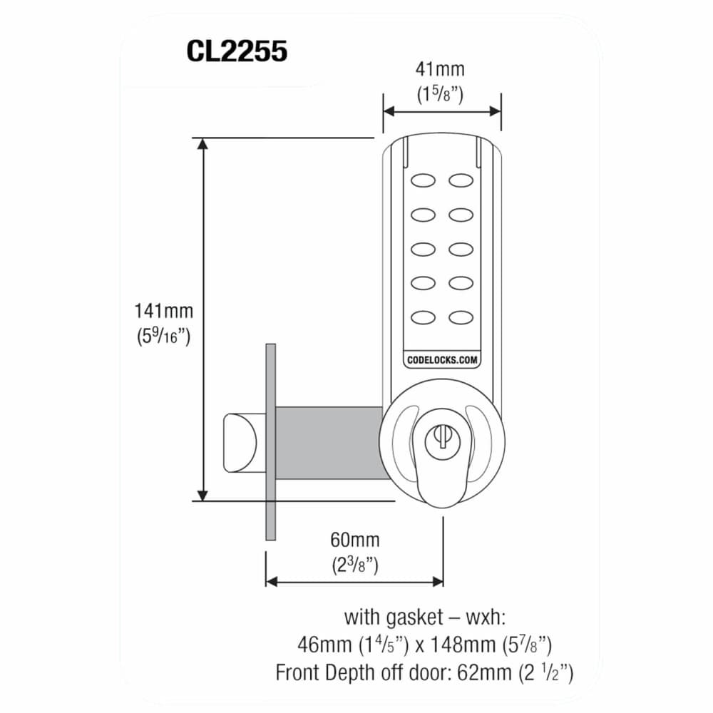 Codelocks CL2255 Digital Push Button Code Lock and Latch with Key Override - Brushed Steel