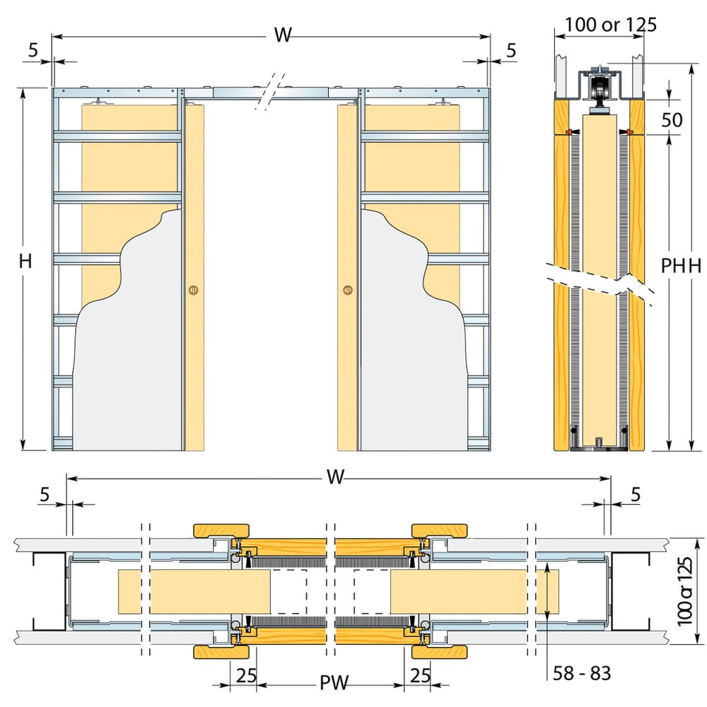 Eclisse 8mm Glass Double Pocket Door Kit - 125mm Finished Wall Thickness - 762 x 1981mm Door Size