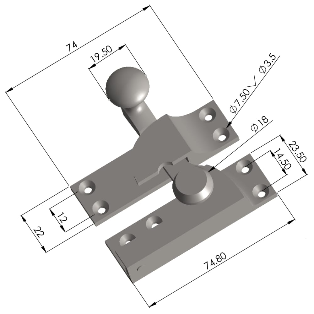Hampstead Quadrant Arm Sash Fastener - 69 x 23mm - Polished Chrome