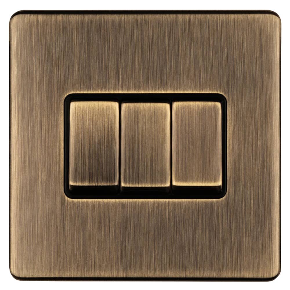 Eurolite Concealed 10A 3 Gang 2 Way Screwless Flat Plate Light Switch - Antique Brass/Black