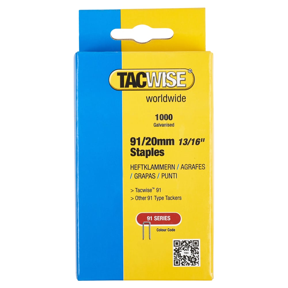 Tacwise 91 Series Narrow Crown Staples - 20mm Length - Galvanised - Pack of 1000