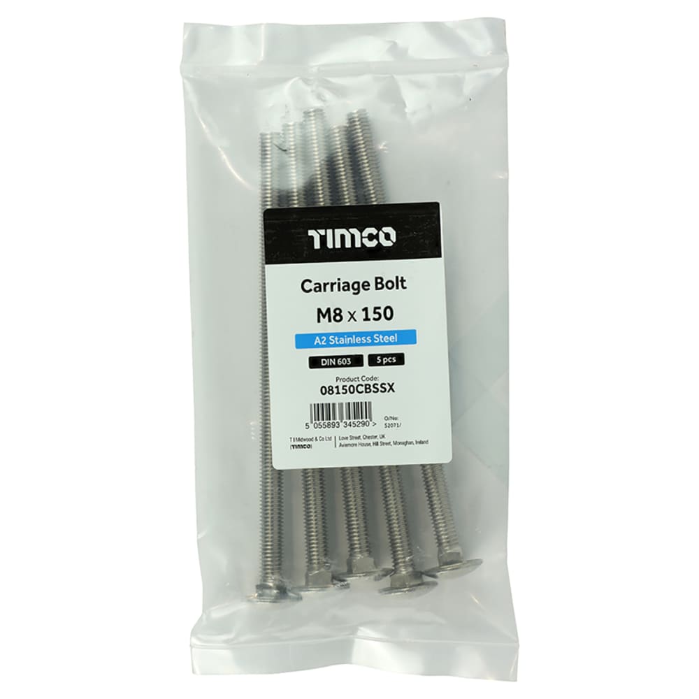 TIMco Carriage / Coach Bolt M8 x 150mm A2 Stainless Steel Pack 5