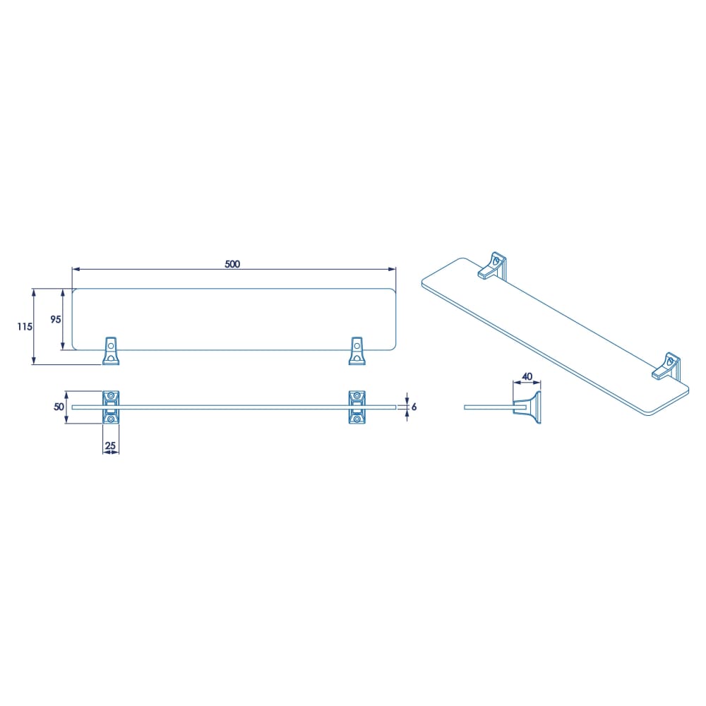 Croydex Sutton Glass Shelf - 500 x 115mm - Polished Chrome