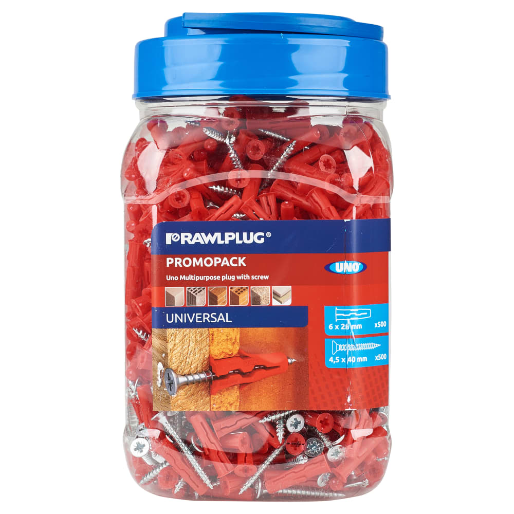 Rawlplug UNO Universal Wall Plugs and Screws - 6 x 28mm - Red - Jar of 500 Plugs and 500 Screws