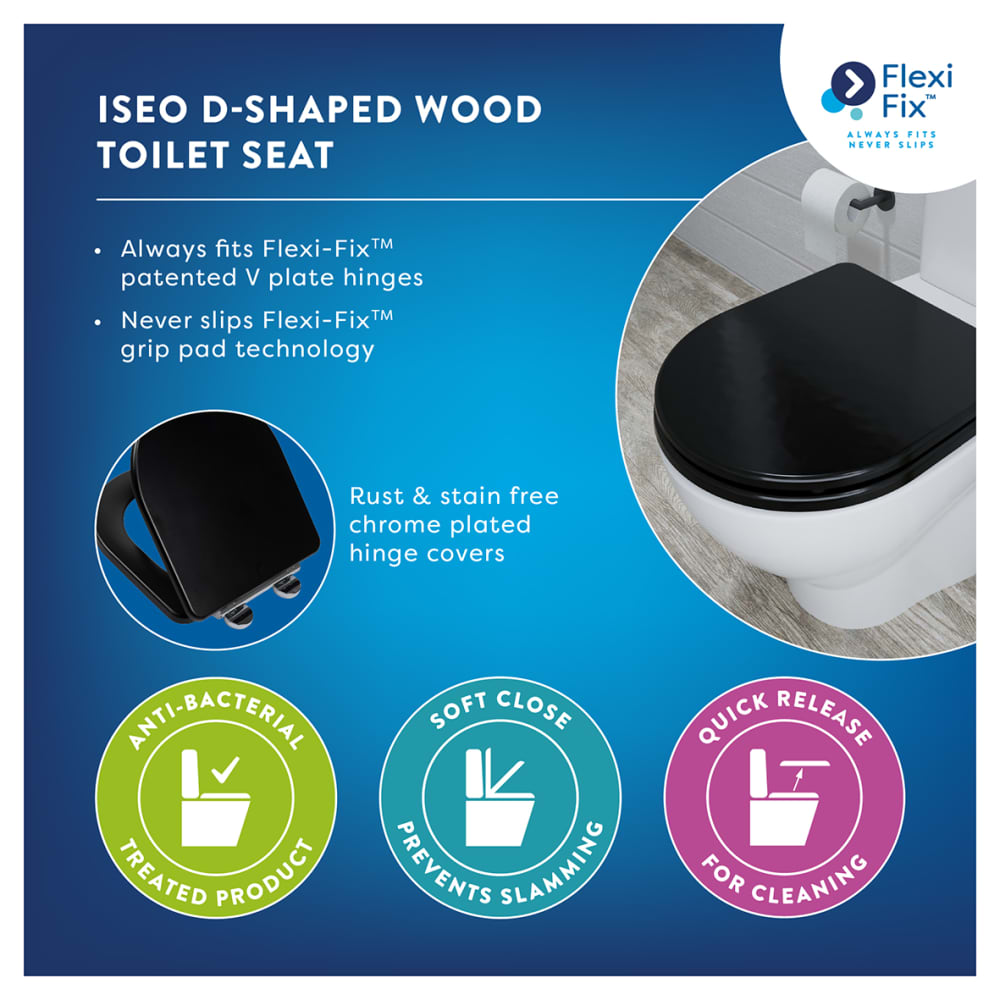 Croydex Iseo Flexi-Fix Soft Close Wooden Toilet Seat - Matt Black
