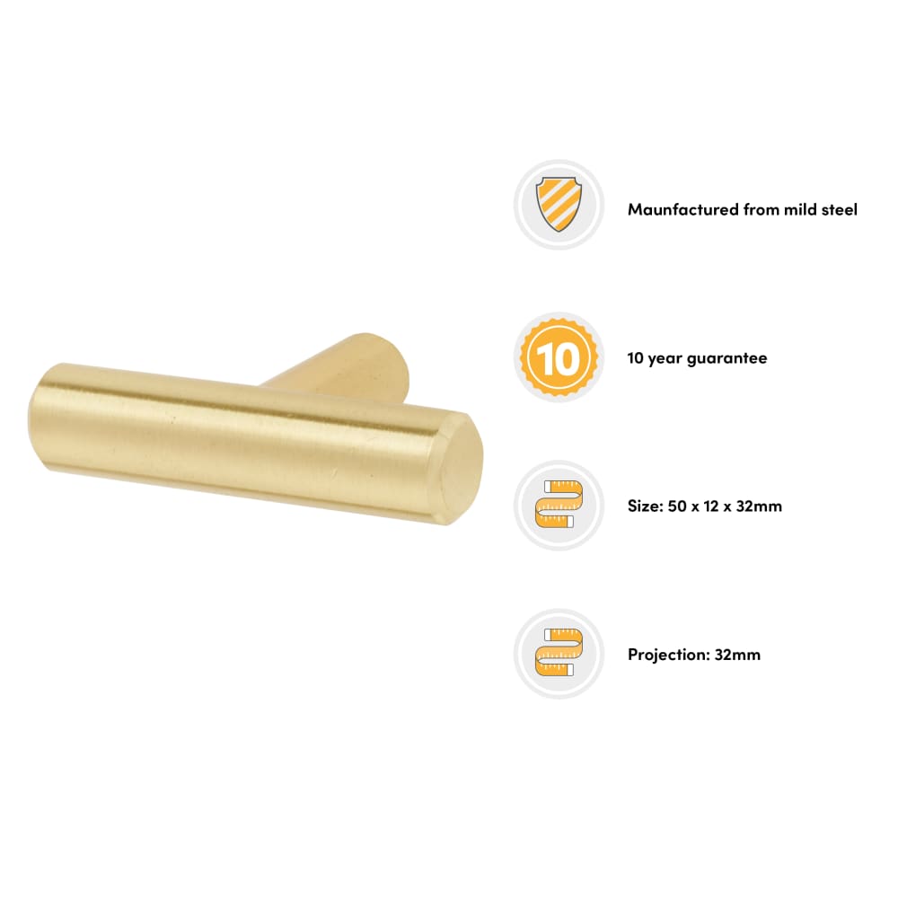 Altro 12mm T-Bar Cabinet Knob - 50 x 32mm - Satin Brass