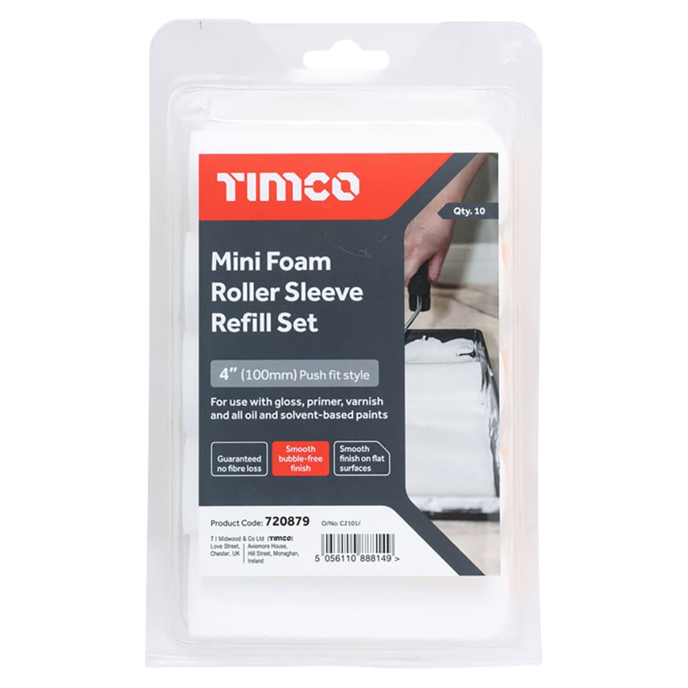 TIMCO Foam Mini Paint Roller Sleeves - 4"/100mm Width - Pack of 10