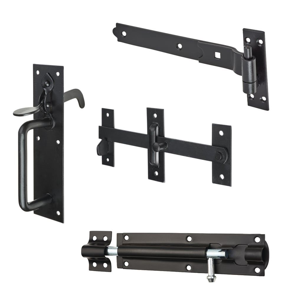 Medium Duty Cranked Hook & Band Gate Hinge Kit with Suffolk Gate Latch - 300mm - Black