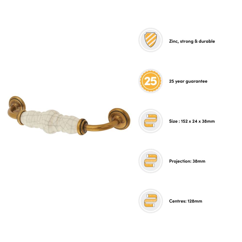 Hampstead 24mm Porcelain Crackle D-Bar Cabinet Pull Handle - 128mm Centres - Antique Brass