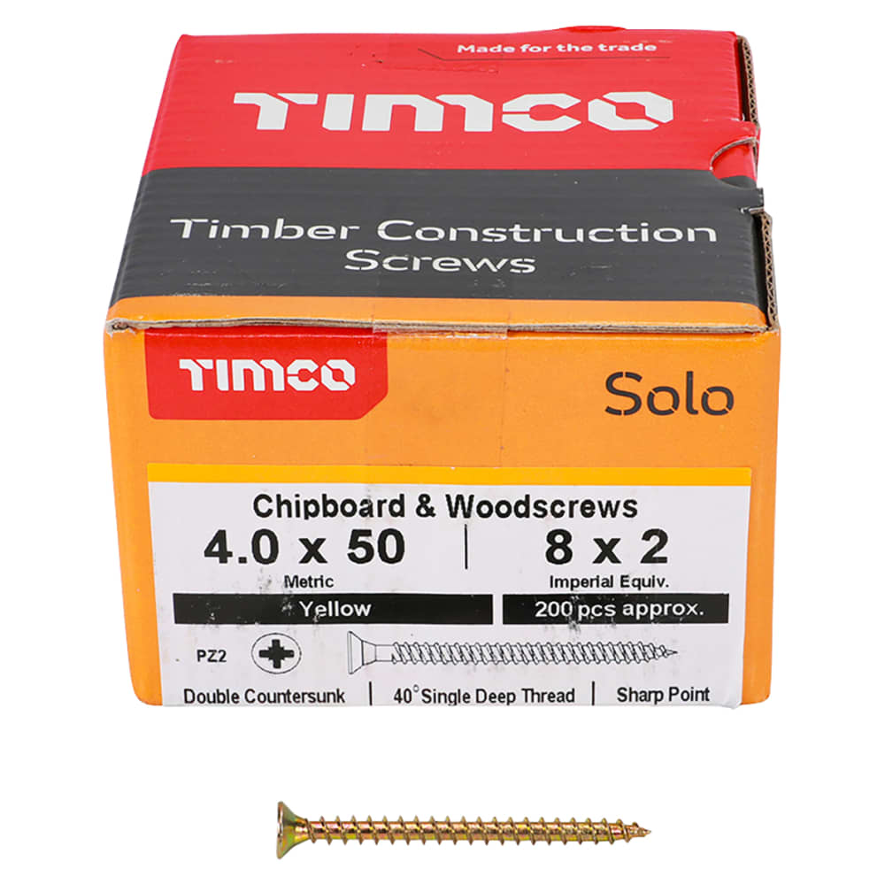 TIMCO Solo Chippy Pozi Countersunk Wood Screws - 4.0 x 50mm - Yellow Zinc - Pack of 200