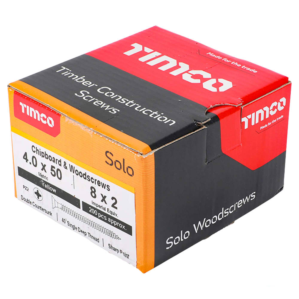 TIMCO Solo Chippy Pozi Countersunk Wood Screws - 4.0 x 50mm - Yellow Zinc - Pack of 200