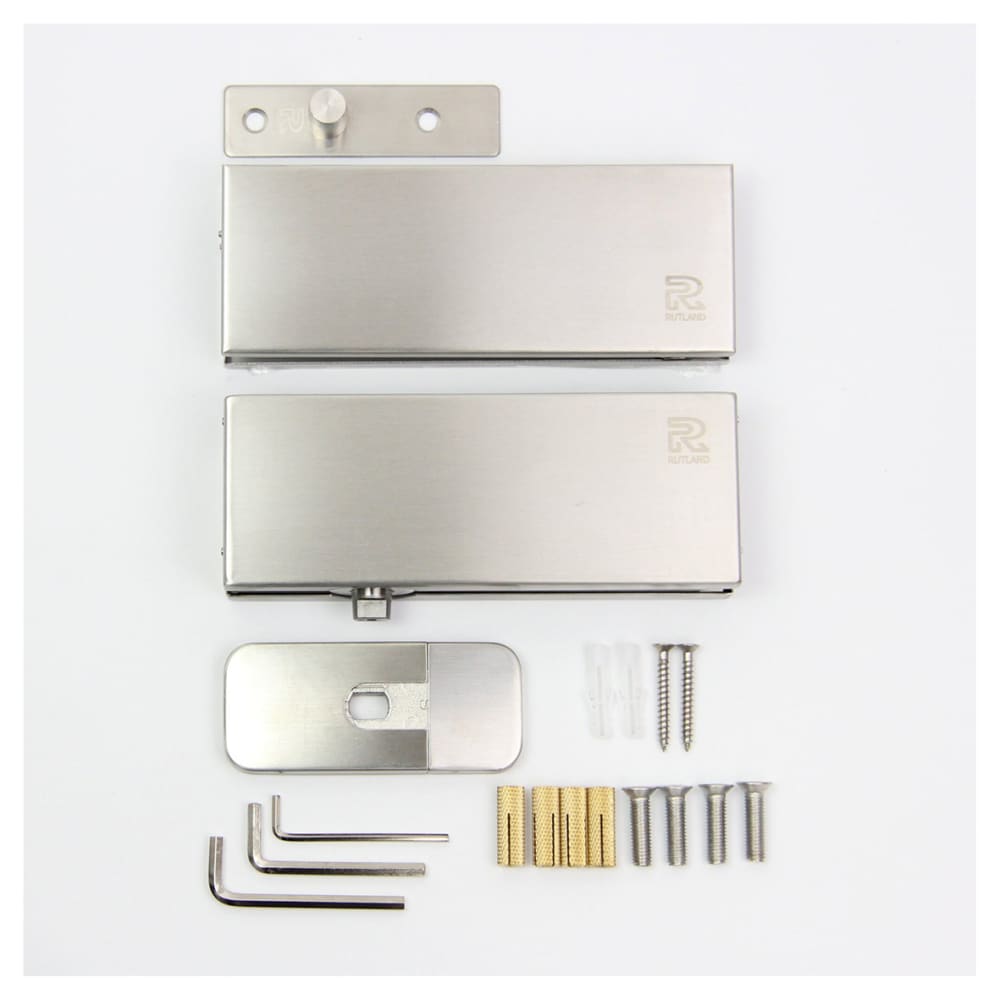 Rutland Hydraulic Glass Patch Door Closer - Power Size 3 - 90 Degree Hold Open - Satin Stainless