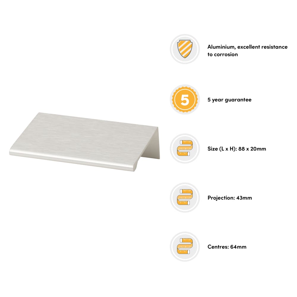 Touchpoint Serva Lipped Edge Cabinet Pull Handle - 64mm Centres - Brushed Aluminium