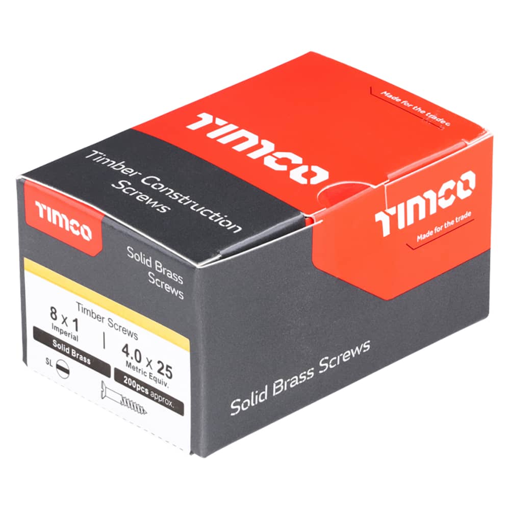 TIMCO Slotted Countersunk Wood Screws - 8 x 1" - Solid Brass - Pack of 200