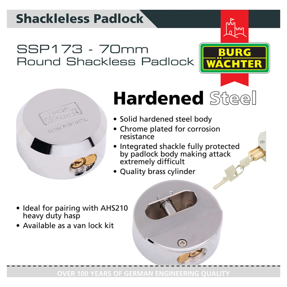 Burg Wachter Heavy Duty Hardened Steel Van Replacement Shackleless Puck/Padlock - 73mm Diameter