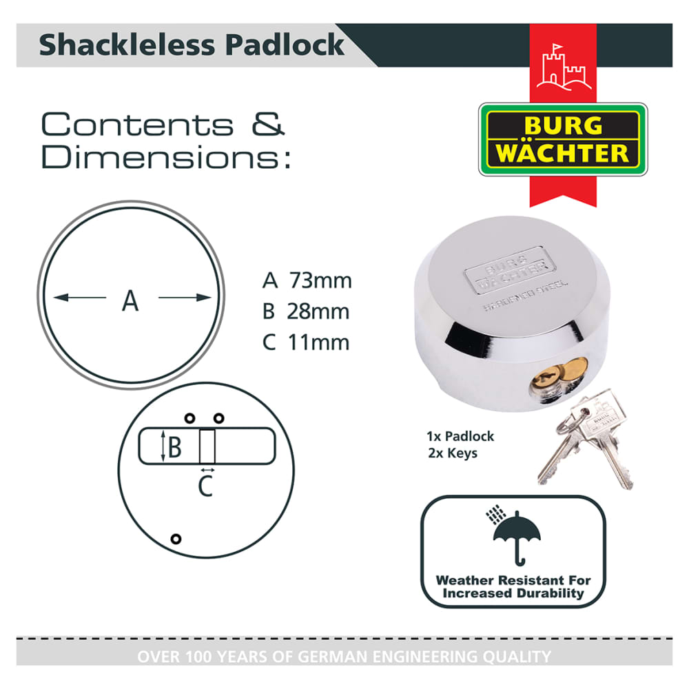Burg Wachter Heavy Duty Hardened Steel Van Replacement Shackleless Puck/Padlock - 73mm Diameter