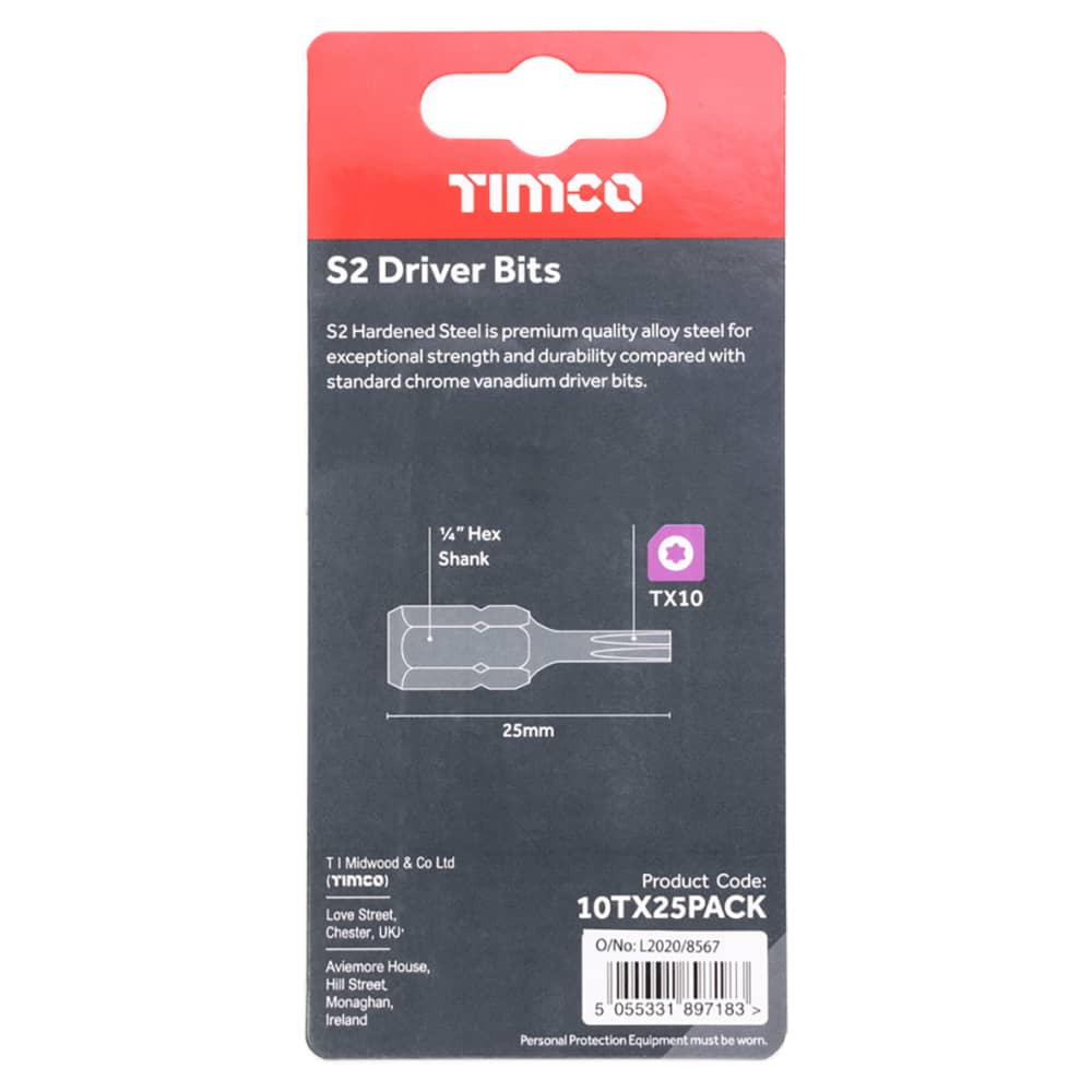 TIMCO Steel Driver Bits - Torx - T10 - 25mm Length - Pack of 10
