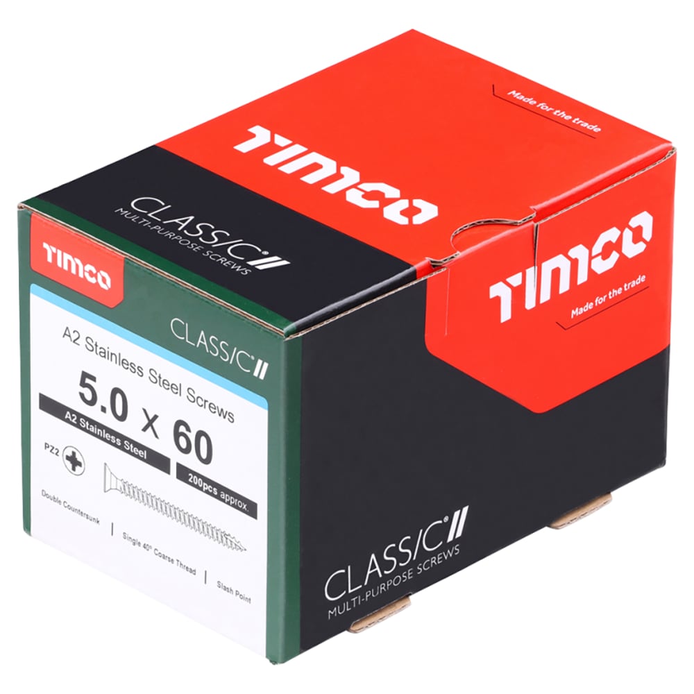 TIMCO Classic Pozi Countersunk Wood Screws - 5.0 x 60mm - A2 Stainless Steel - Pack of 200