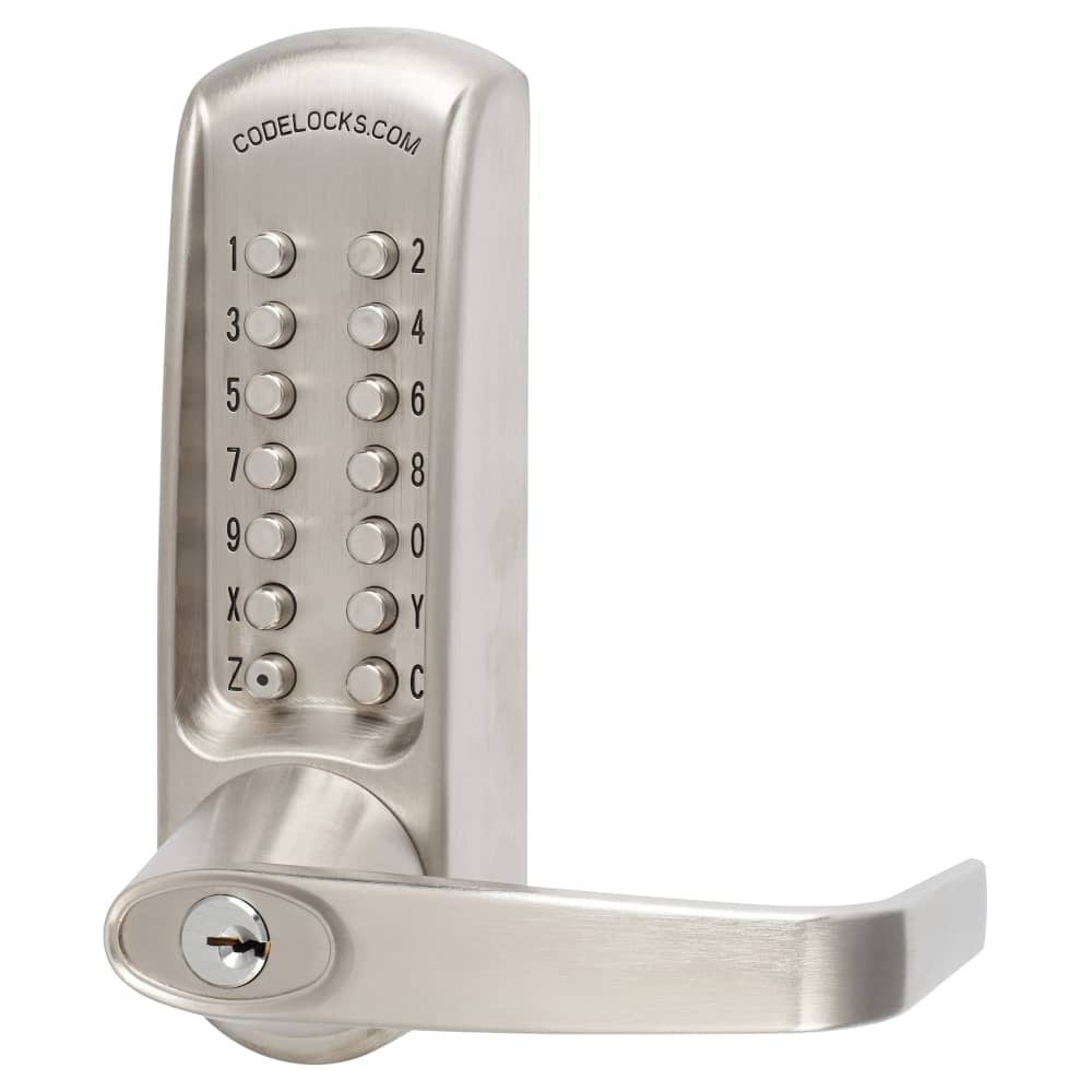 Codelocks CL615 Push Button Code Lock and Latch with Key Override - Code Free - Brushed Steel