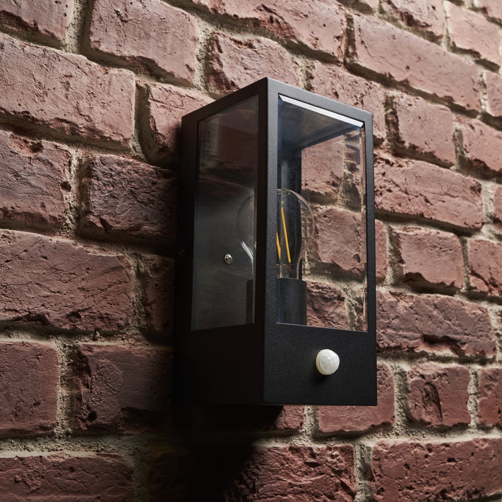 Altro Glass Panel Outdoor Wall Lantern Light with PIR - IP44 - Matt Black
