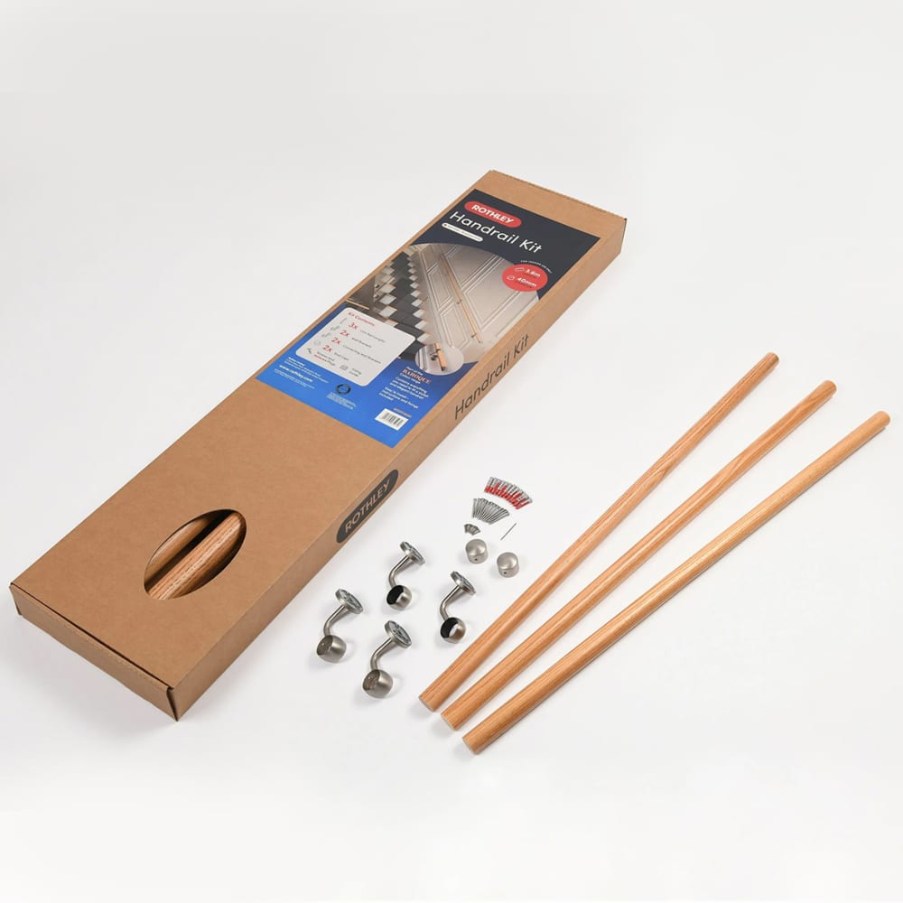 Rothley 40mm Wooden Handrail Banister Staircase Rail Support Kit - 3600mm Length - Oak Wood