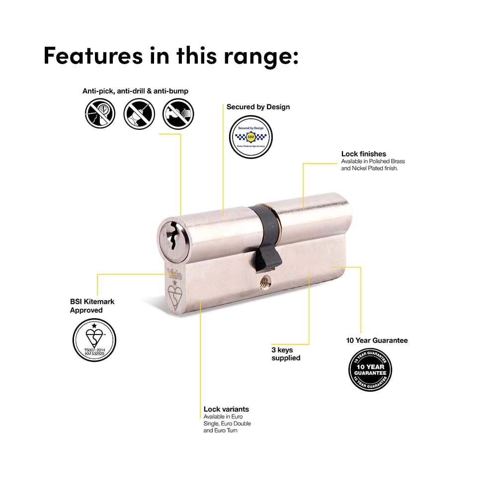 Yale 1 Star 6 Pin Kitemarked 90mm Euro Double Cylinder - 45 + 45mm - Pol Nickel - Keyed Alike - Pair