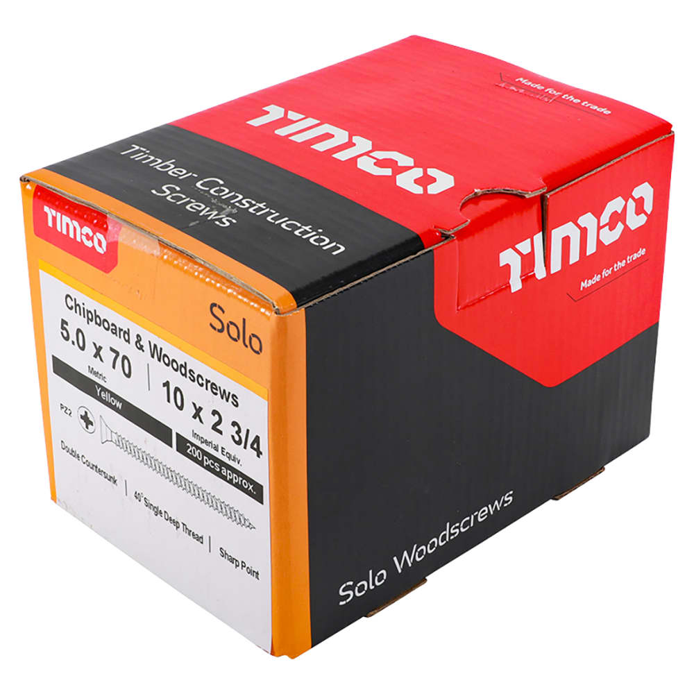 TIMCO Solo Chippy Pozi Countersunk Wood Screws - 5.0 x 70mm - Yellow Zinc - Pack of 200