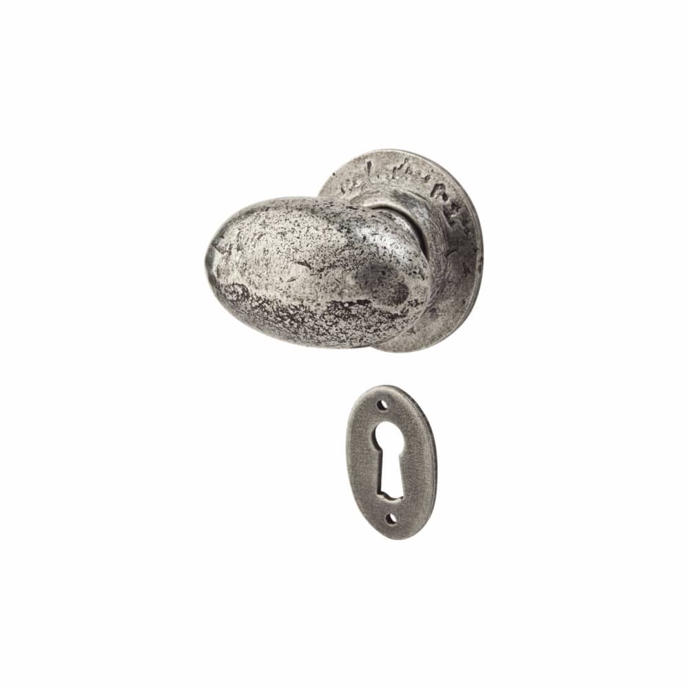 Olde Forge Oval Mortice/Rim Door Knob with Escutcheon - 60mm Rose Diameter - Pewter