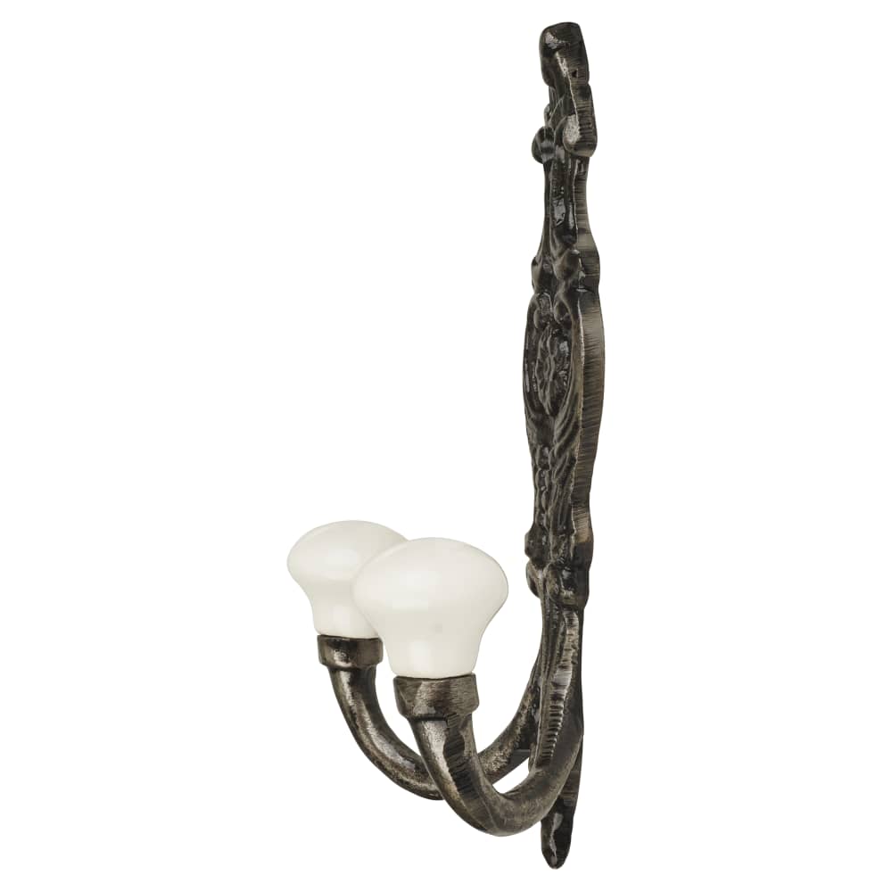 Olde Forge Double Coat Hook - 150 x 110mm - Lacquered Iron & Porcelain