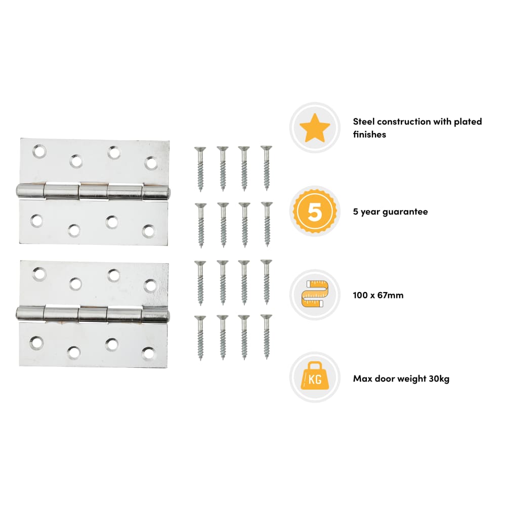 Steel Butt Door Hinge - 100 x 67mm - Chrome - Pair