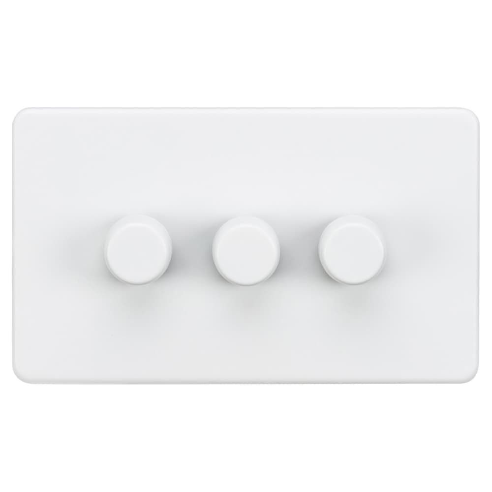 Knightsbridge 5-150W 3 Gang 2 Way Push On/Off Rotary Intelligent LED Dimmer Switch - Matt White