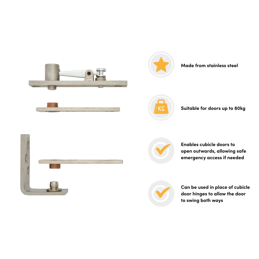Toilet Cubicle Pivot Set - to suit doors up to 80kg - Stainless Steel