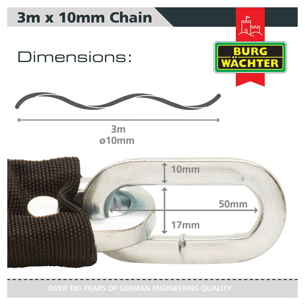 Burg Wachter GKM Fabric Sleeve Hardened Square Link Security Chain - 10 x 3000mm - Black