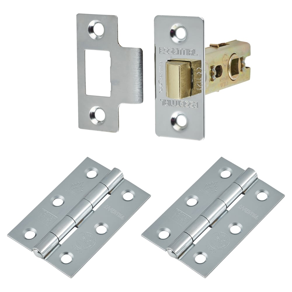 Touchpoint Tubular Latch Pack - 76mm Case - 57mm Backset - 2 x Plain Steel Hinges - Polished Chrome