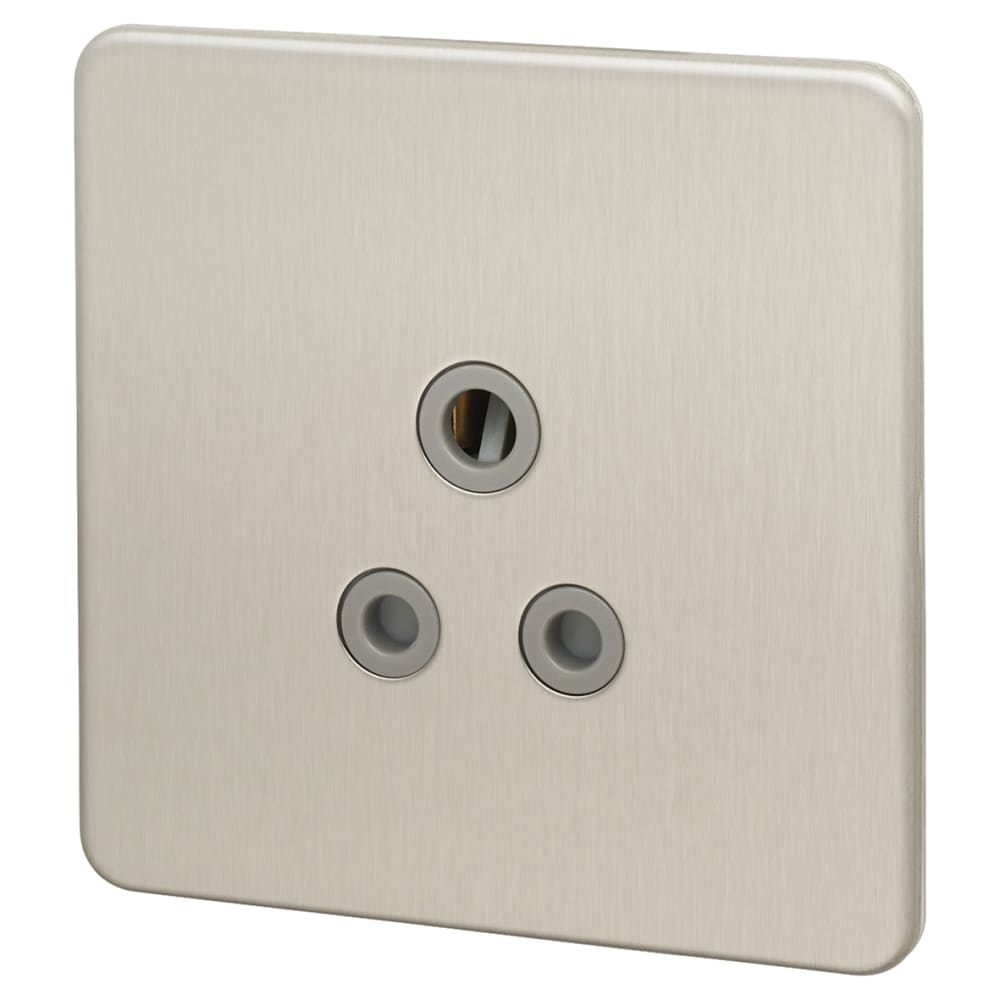 Knightsbridge 5A Screwless Flat Plate Unswitched Round Pin Socket - Brushed Chrome with Grey Insert