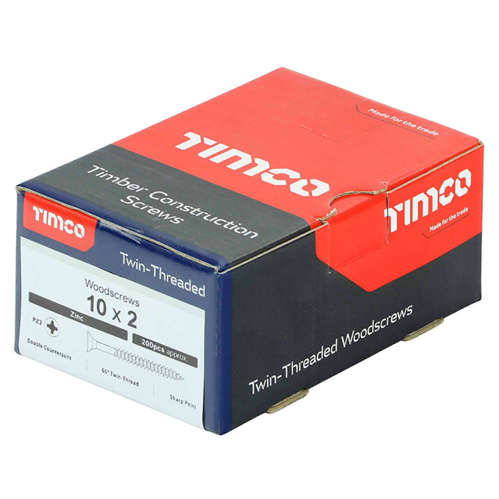 TIMCO Twin Threaded Pozi Countersunk Wood Screws - 10 x 2" - Zinc Plated - Pack of 200