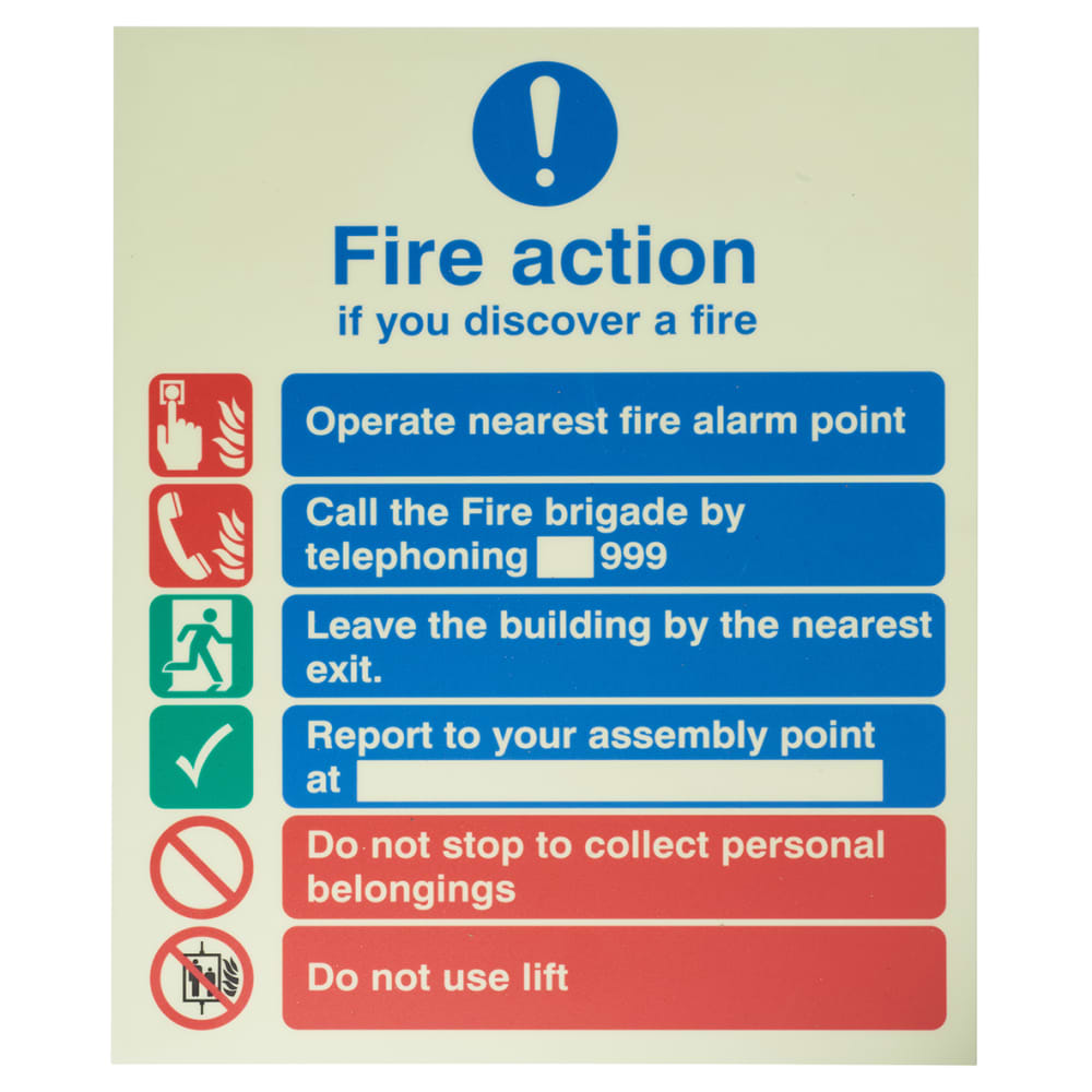 Photoluminescent Standard Fire Action Notice - 250 x 300mm - Rigid Plastic