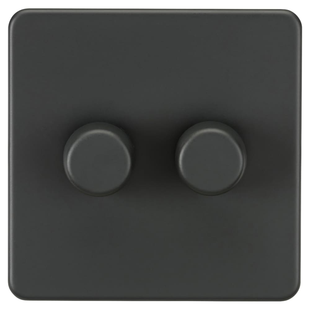 Knightsbridge 5-150W 2 Gang 2 Way Push On/Off Rotary Intelligent LED Dimmer Switch - Anthracite Grey