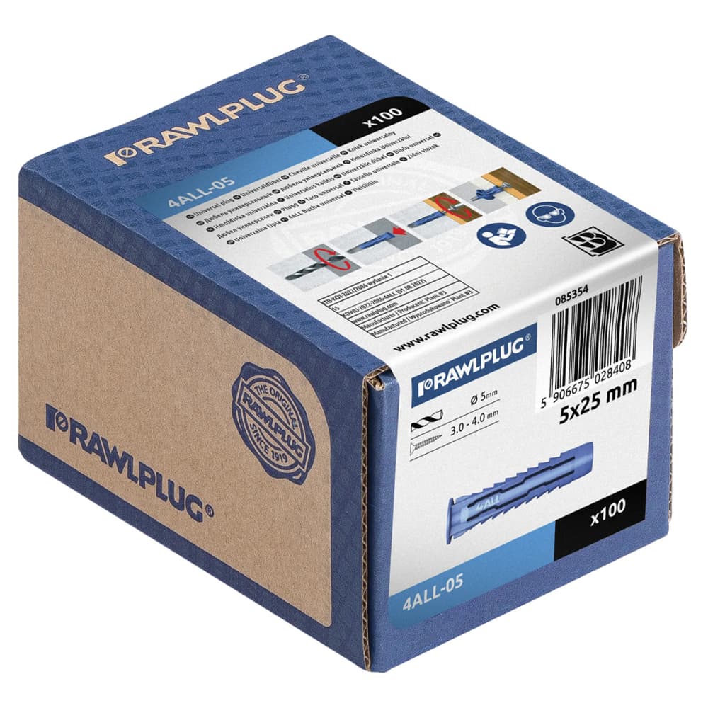 Rawlplug RAWL4ALL Nylon Wall Plug - 5 x 25mm - Blue - Pack of 100