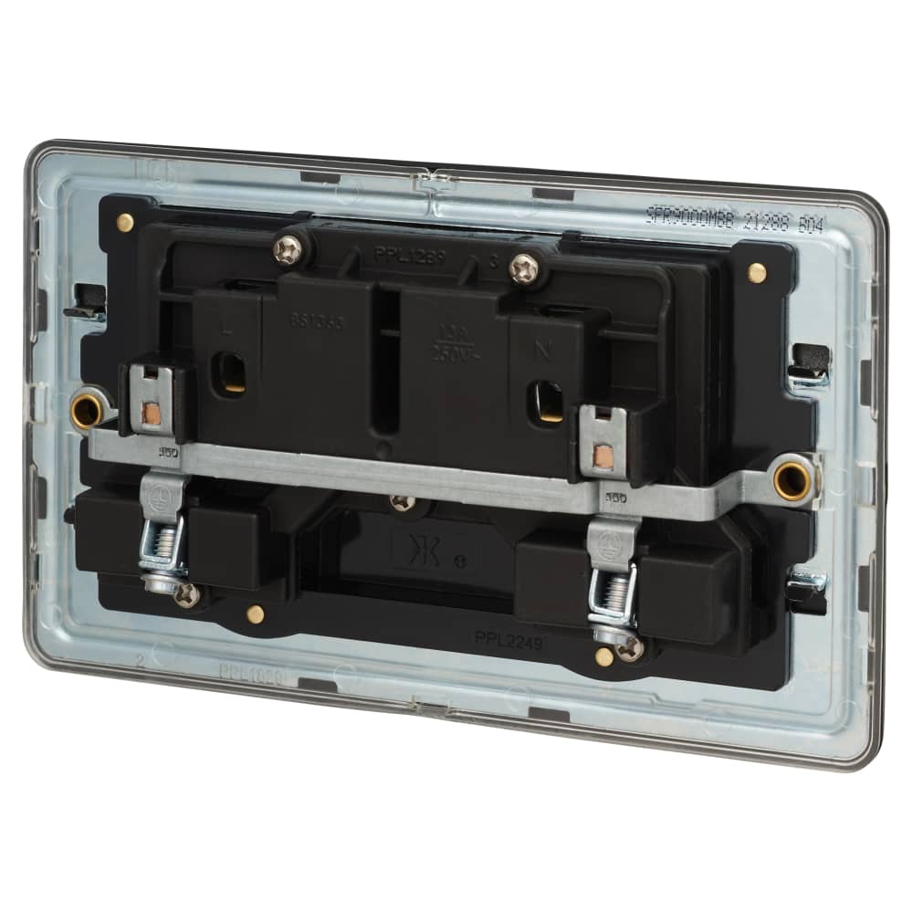 Knightsbridge 13A 2 Gang Screwless Flat Plate DP Switched Socket - Matt Black with Black Insert