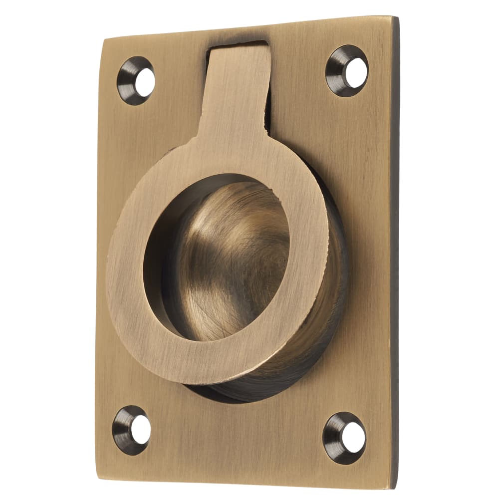 Altro Rectangular Flush Ring Cabinet Pull Handle - 63 x 50mm - Antique Brass