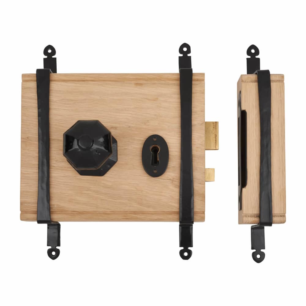 Elan Oak Box Door Lock - Antique Black Iron Knob