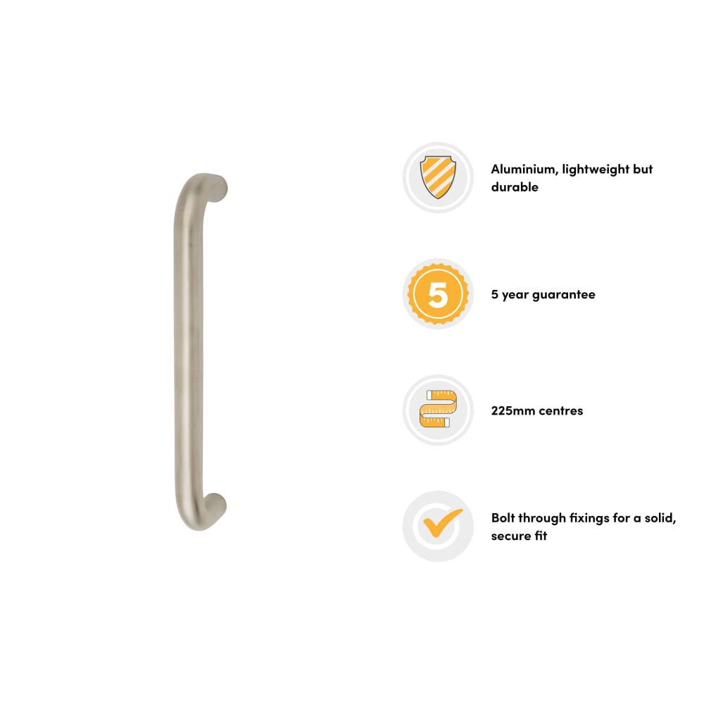 Touchpoint 19mm D-Bar Door Pull Handle - Bolt Fix - 225mm Centres - Satin Stainless Steel