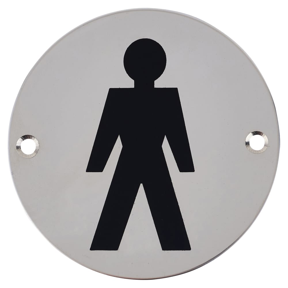 Mens Toilet Door Sign - 75mm Diameter - Polished Stainless Steel