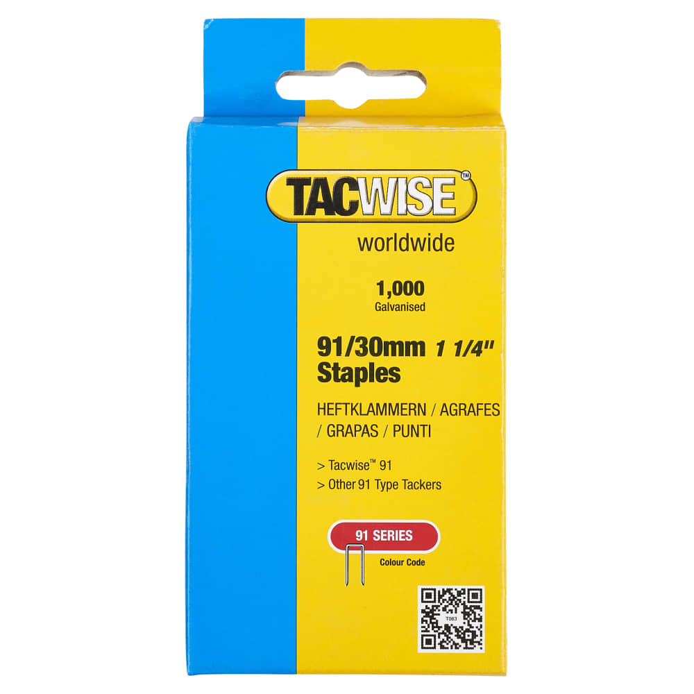 Tacwise 91 Series Narrow Crown Staples - 30mm Length - Galvanised - Pack of 1000