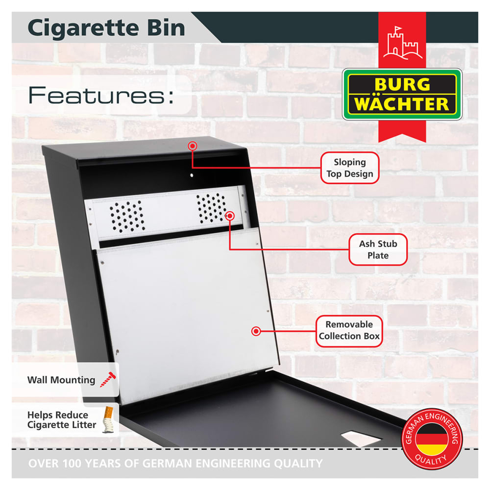 Burg Wachter CIG2 Compact Cigarette Bin - 225 x 320 x 75mm - Black