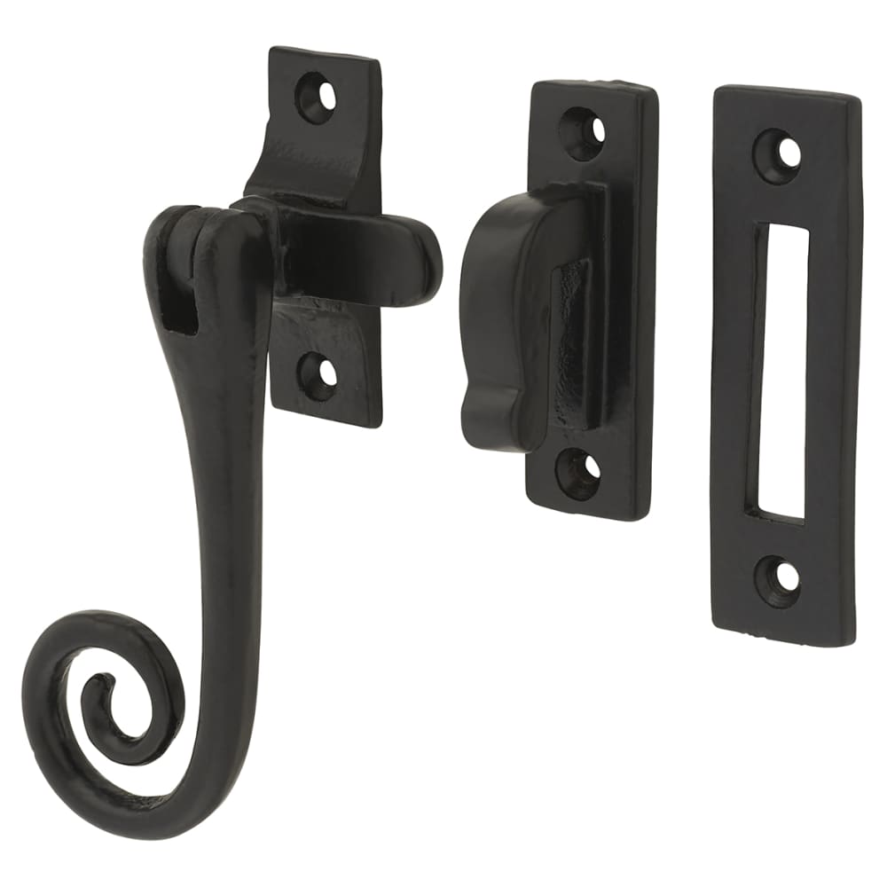 Olde Forge Curly Tail Mortice & Hook Plate Window Fastener - Reversible - 124 x 20mm - Smooth Black