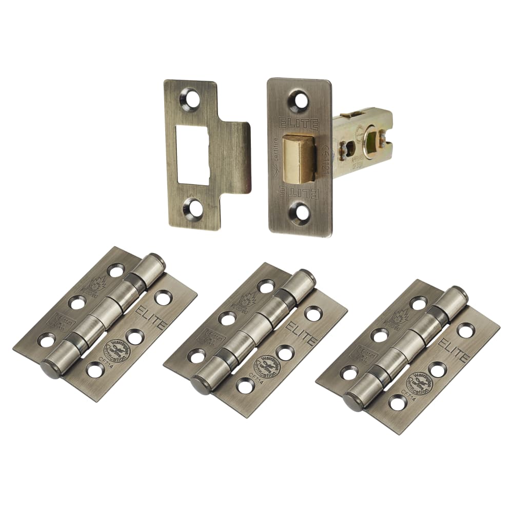 Altro Tubular Latch Pack - 57mm Backset - 3 x Fire Rated Ball Bearing Hinges - Antique Brass