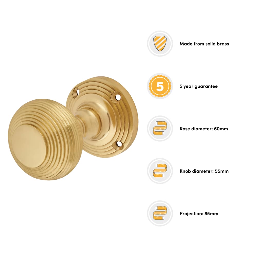 Altro Reeded Beehive Mortice Door Knob - 60mm Rose Diameter - Polished Brass