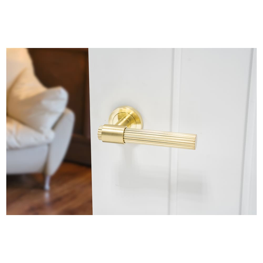 Hampstead Eva Lines Door Handle on Rose - Satin Brass 